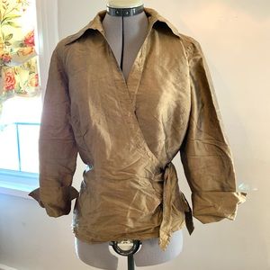 Sunny Leigh metallic bronze color 100% silk blouse with wrap and cuffs